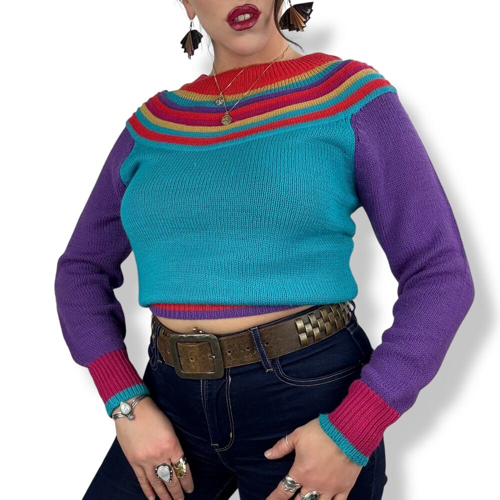 ❌SOLD❌1970's QUEENS WAY TO FASHION rainbow knit sweater made in Korea - Picture 3 of 17